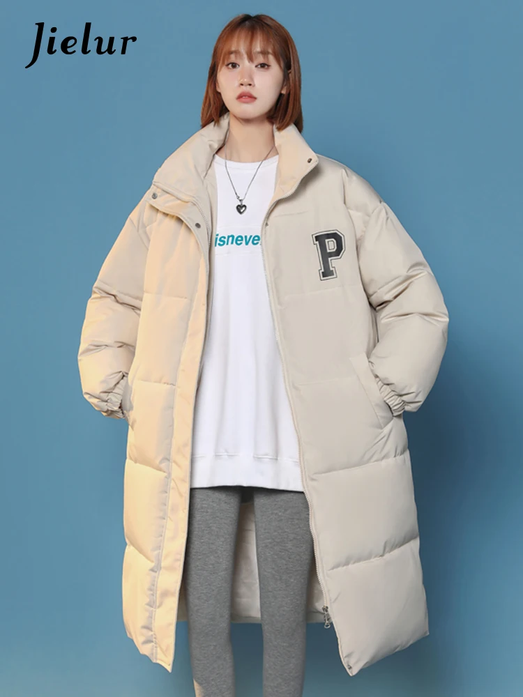 Jielur Casual P Letter Print Cotton Jackets Women Bread Coat Female Korean Parkas Loose Brown White Jacket Woman Medium Length