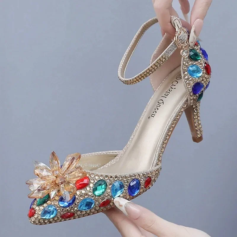 Women Pumps Wedding Prom Sandals Buckle Strap 7CM Thin Heels Sharp Pointed Crystal Glass Floral Penang Gold Banquet Women Shoes