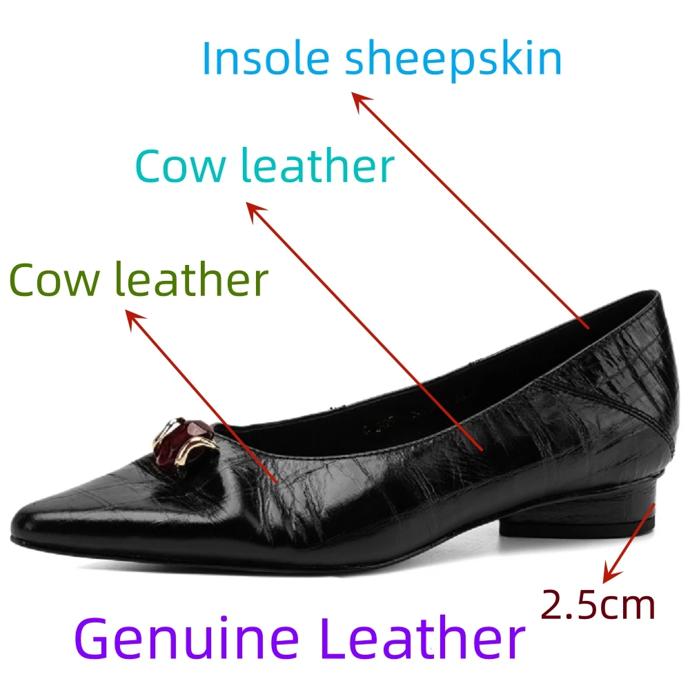 【JOCHEBED HU】Women's Handmade Genuine Leather pointed toe metal buckle slip-on quality soft elegant ladies Low heel shoes 34-40 view 2
