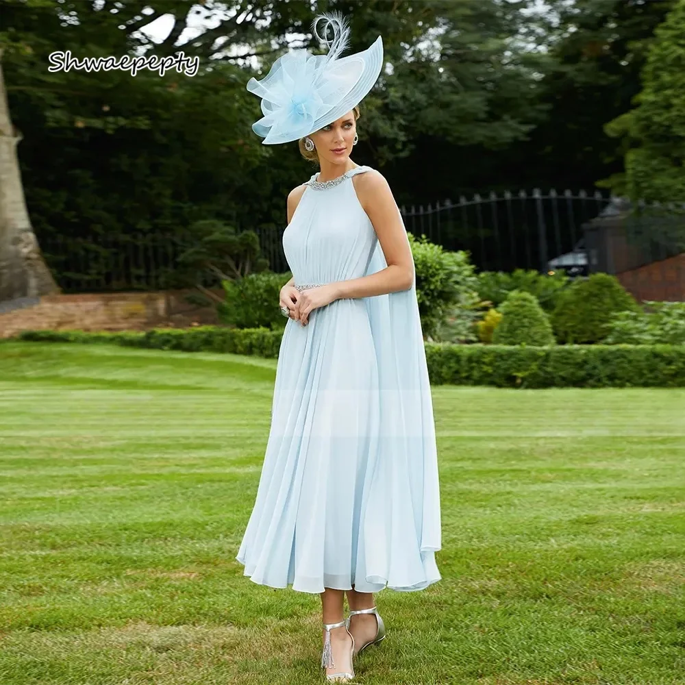 

Light Sky Blue Chiffon Elegant Mother of the Bride Dress With Wrap Beaded Simple Wedding Guest Party Dress Customized