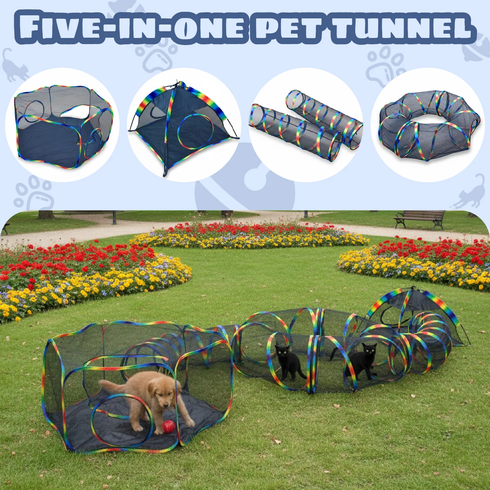 

Rainbow Cat Enclosure Outdoor Portable Mesh Tent Tunnel Game House Indoor/Outdoor Playground for Multiple Small Animals