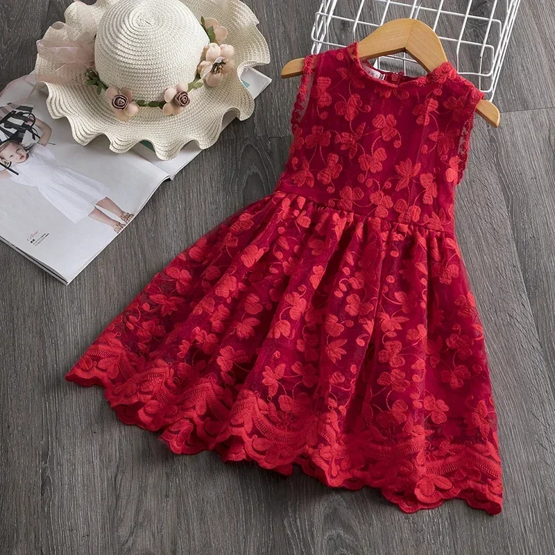 Summer Dress for Girls Sleeveless 3-8Y Kids Flower Lace DressesChildren Casual Clothing Red Christmas Birthday Party  Baby Dress