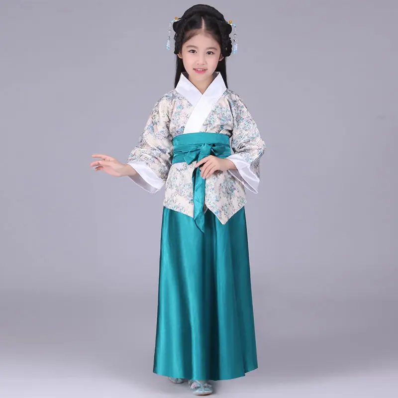 Chinesische Seidenrobe Kostüm Mädchen Kinder Kimono China Traditionelle Vintage Ethnische Fan Studenten Chor Tanzkostüm Hanfu