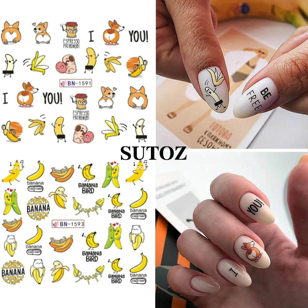 12pcs Cute Cartoon Nail Stickers Cactus Avocado Dog Banana Water Decals Transfer Sliders DIY Manicure Decoration NTBN1585-1632