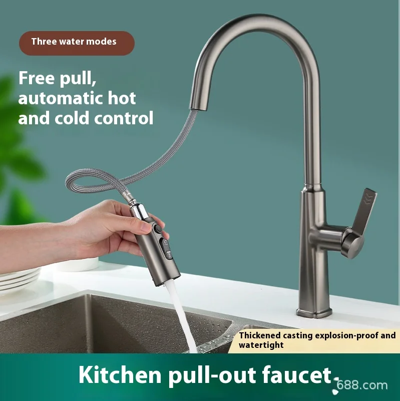 

Kitchen Pull Out Faucet, 360° Swivel Hot/Cold Mixer, Anti-Splash, Lead-Free Brass, Easy Install - with Deck Plate