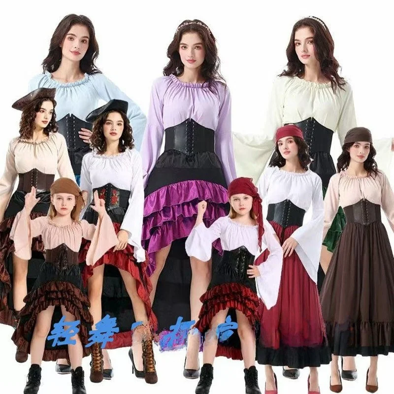 

Halloween Long Skirt with Pleats Waist Cinched Pirate Queen Medieval Ocean Captain Nautical Cosplay Women's Traditional Costume