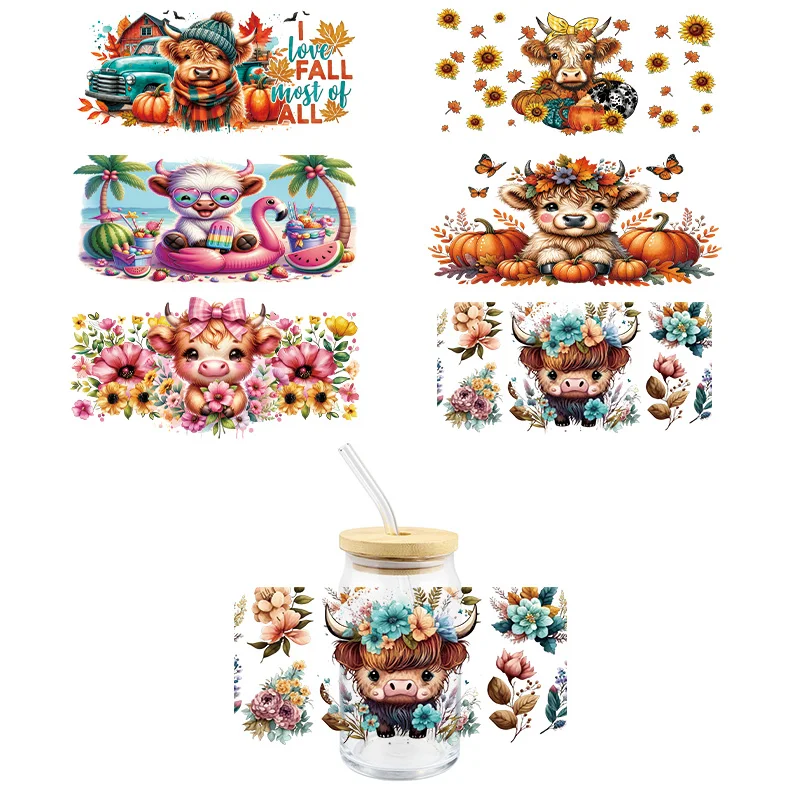 Cute CattleUV DTF Wrap Transfer Stickers Cartoon Colorful Design Waterproof Wrap For Glasses Coffee Cups Mugs Decal