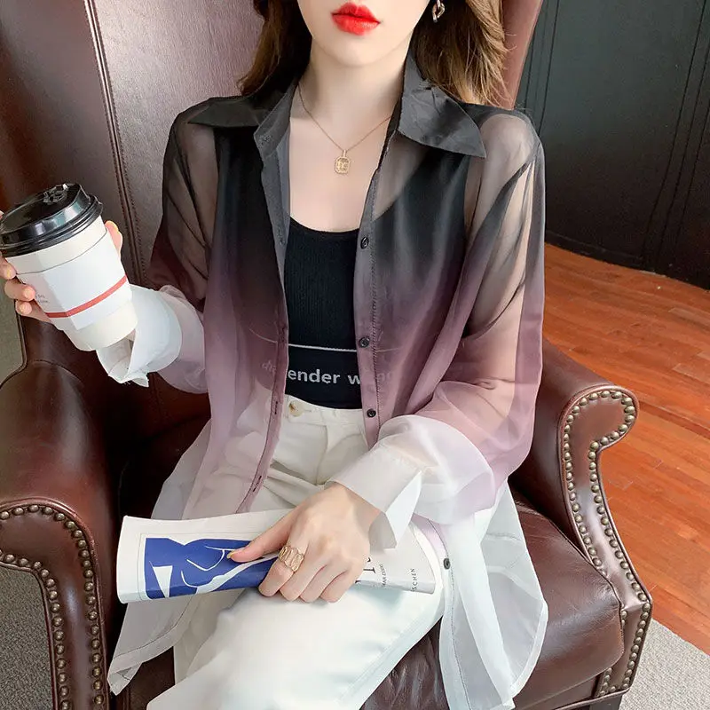 Shirts Women Gradient Loose Leisure Summer Sunscreen Lapel Thin Soft Designed Breathable Korean Fashion Clothing Office Lady New