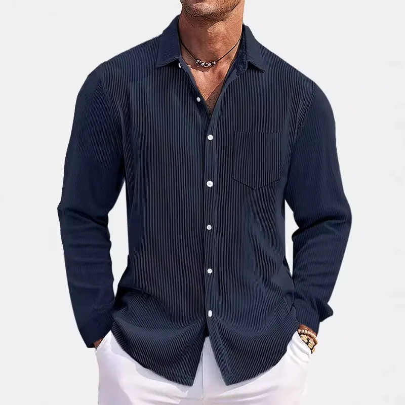 Autumn Men's Vertical Striped Long Sleeved Shirt Trendy Solid Color Loose Casual Shirts Business Social Streetwear Large S-5XL