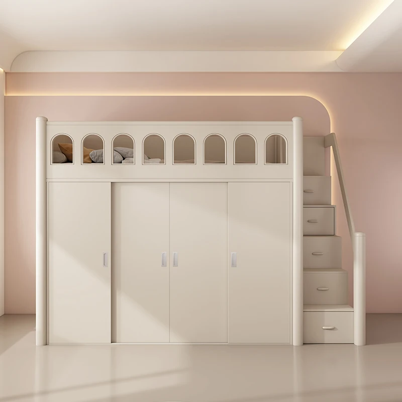 Upper bed, lower cabinet, lower empty combination bed, desk, wardrobe integrated, small apartment children's bed, walk-in closet
