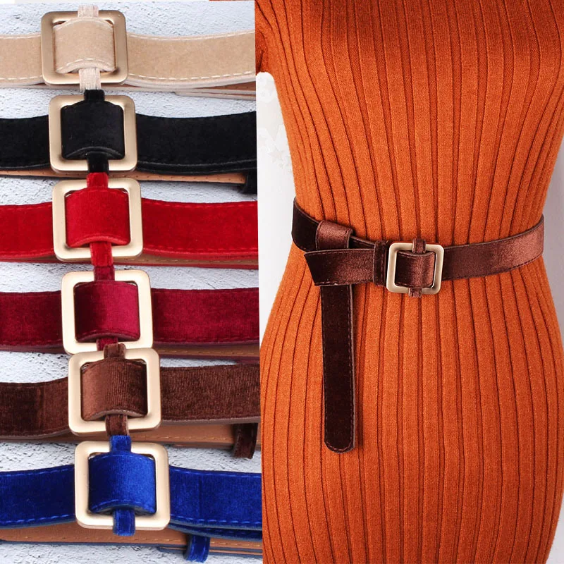 

Dresses Gold Velvet Long Shirt Sweater Accessories Autumn Winter Accessories Belt Simple Metal Square Buckle Thin Belts Women