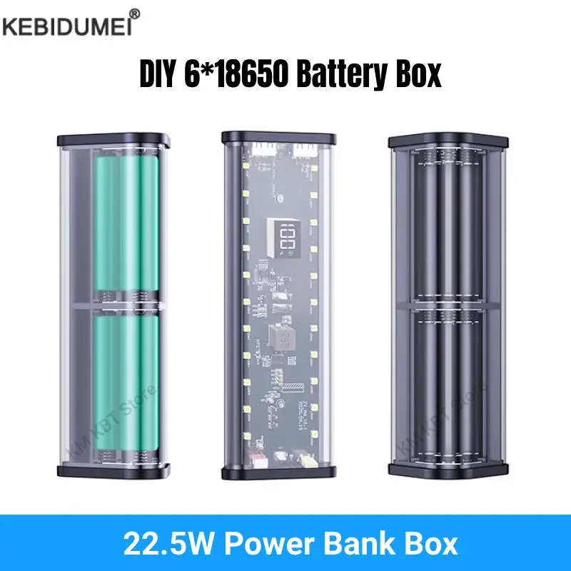 Transparent Shell 6*18650 Power Bank Case 22.5W Fast Charging LED Type C USB Port Battery Storage Box For iPhone Samsung