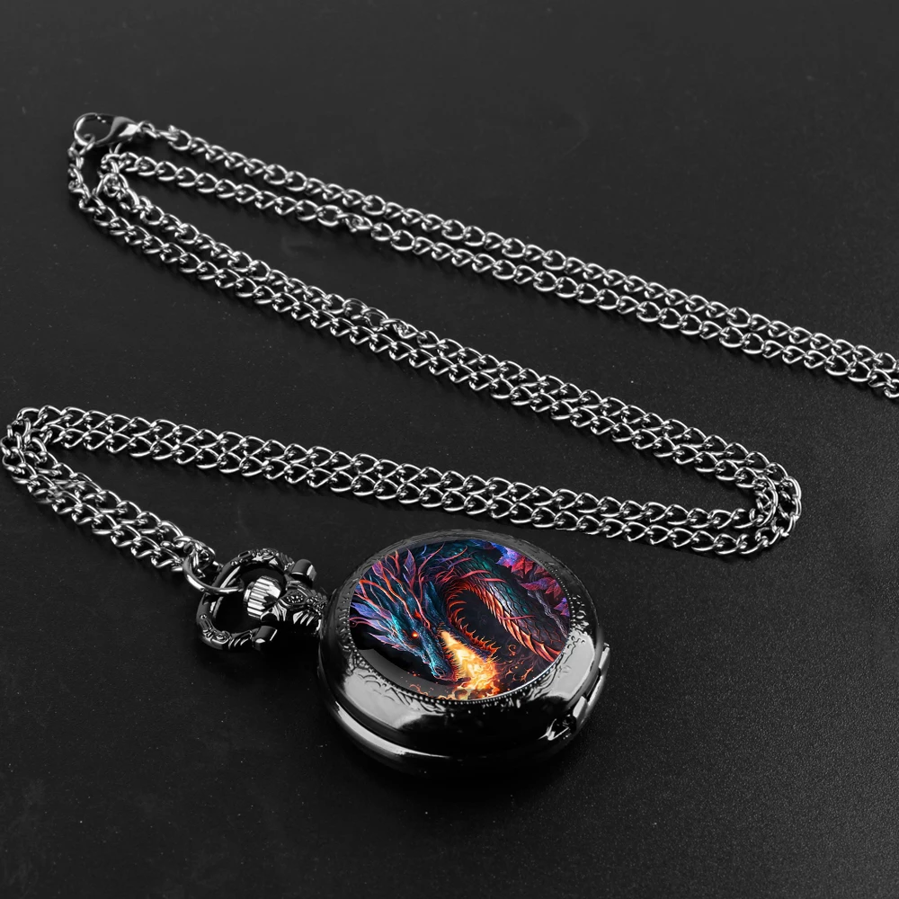 Colorful Dragon Design Glass Dome Quartz Pocket Watch With Durable Chain Arabic Numeral Dial For Men And Women Creative Gifts