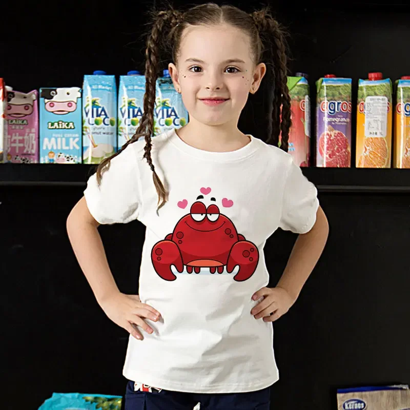 Summer Kids Top Fashion T-shirt Funny Crab Girl Cute Octopus T-shirt Boys Design Print Round-neck White Simple T-shirt Kids