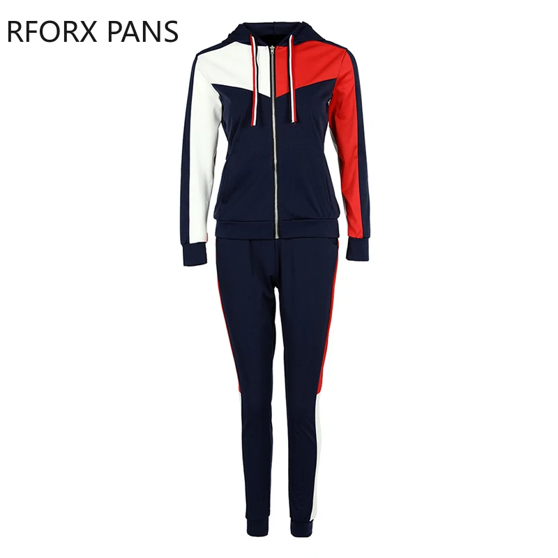 Women Hooded Tape Side Stripe Zipper Jacket Tops & Skinny Bottoms Sporty Two Pieces Pants Set