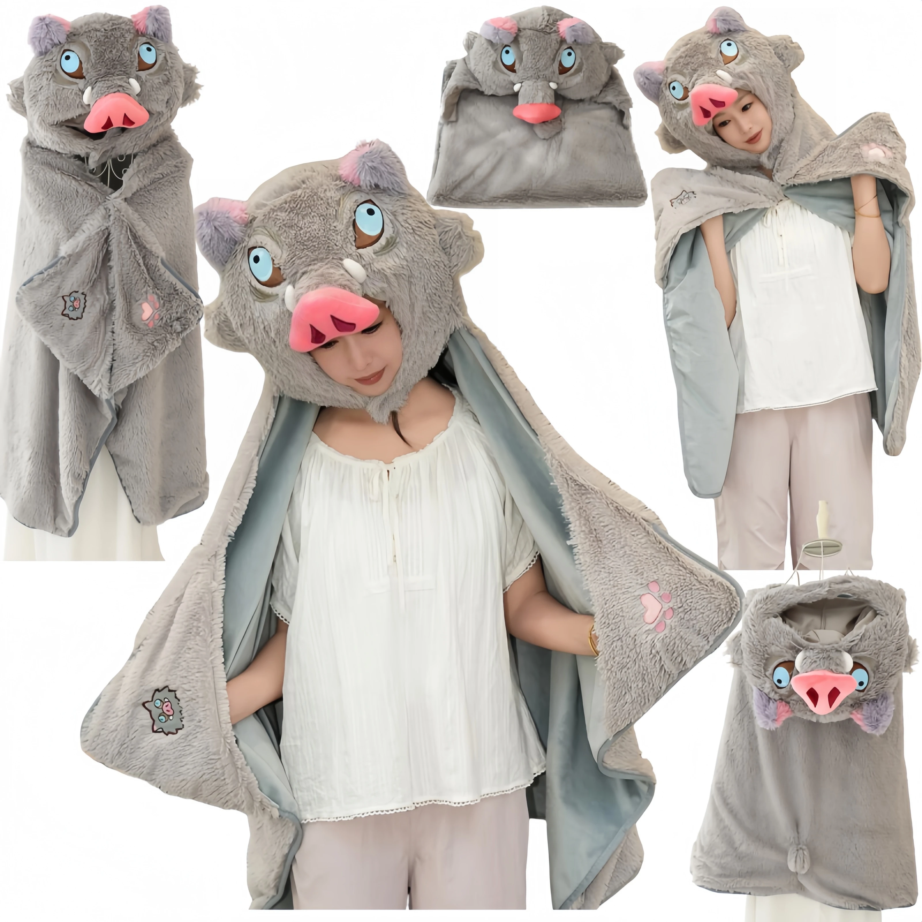 

Demon Slayer Hashibira Inosuke Cosplay Cloak Wearable Throw Flannel Wearable Blanket Wild Boar Hooded Blanket Xmas Gift