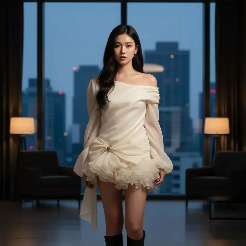 

Elegant Off‑Shoulder Gold‑Accented Bow Mini Dress Summer Party Boho Chic Wedding Guest Floral Lace Details New Chinese Style