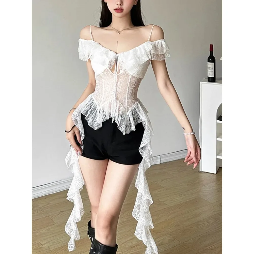 

2025 Y2k Aesthetic Lace Irregular Tops Vintage Harajuku Hollow Out Summer T-Shirt Streetwear See Through Shirt Fairy Bandage Tee