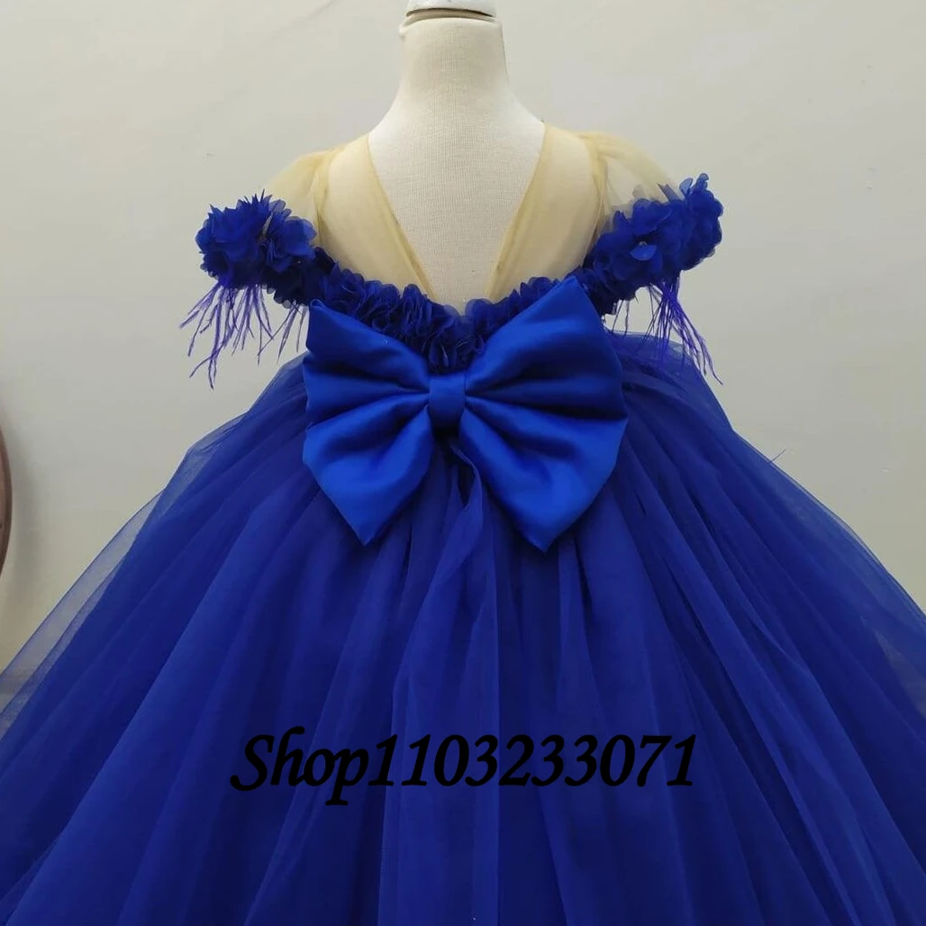 Royal Blue Flower Baby Girl Dress Train Beaded Bow Little Kids Princess Girls Wedding Birthday First Communion Party Dress