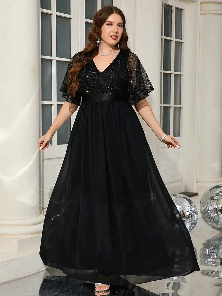 Plus Size V-Neck Black Chiffon Short Sleeve Kind Loose Evening Dress 4xl 5xl Big size Floor Standing Prom Gown