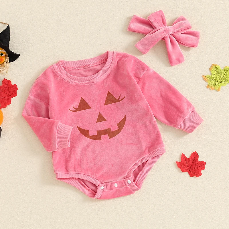 Baby Girl Halloween Outfit Pumpkin Print Long Sleeve Velvet Romper Tie-Up Headband 2 Piece Set for Fall