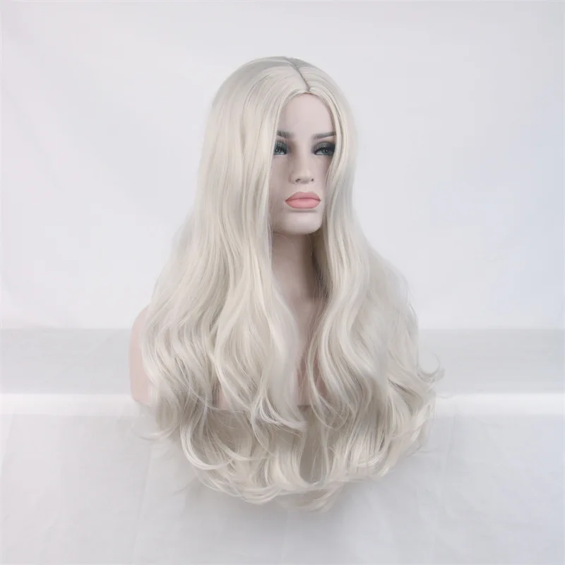 شعر مستعار نسائي من Rose net باللون الفضي والأبيض الأوروبي والأمريكي، شعر مستعار متوسط فضي طويل مجعد، ألياف كيميائية مموجة كبيرة