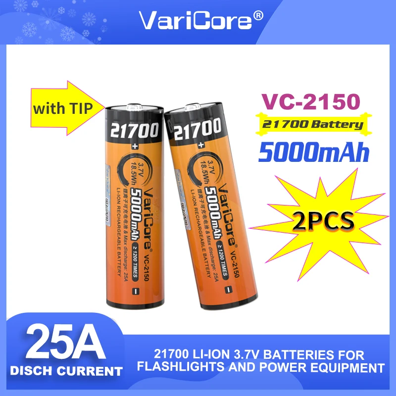 2PCSVariCore VC-2150 3,7 V 5000mAh 21700 batería 25A batería de litio de descarga de energía para linterna herramienta eléctrica (sin PCB)