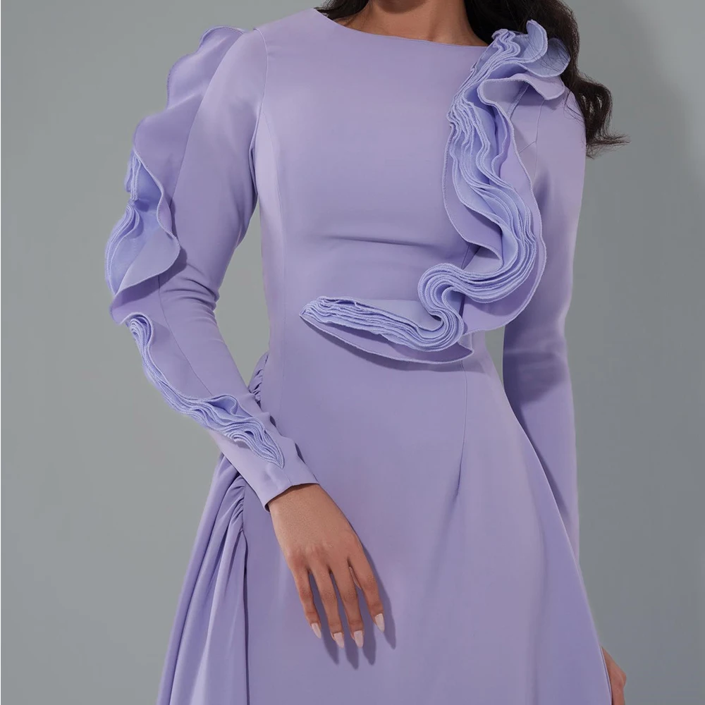 Customized Modern Pleats Crew Neck Long Sleeves Jersey Evening Dress Temperament A-Line Zipper Back Photo Color Party Gown