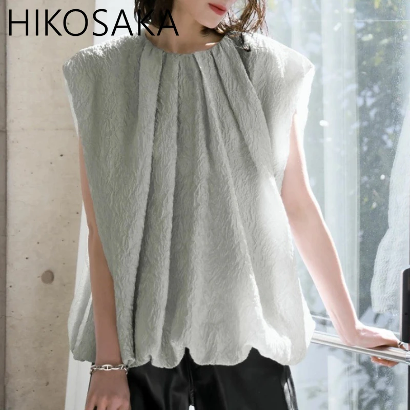 

O-neck Pleated Jacquard Blouse Women Loose Casual Sleeveless Fashion Elegant Shirts 2024 New Japan Style Chic Lady Top Blusas