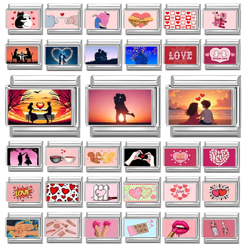 Fashion Colored Pattern Couple Love At Sunrise Sea Italian Charm Links Fit 9mm Stainless Steel Bracelet Jewelry DIY Making Beads