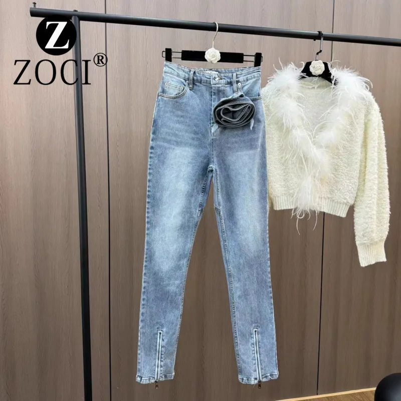 [ZOCI] New Large Flower Decoration Split Zipper Tight Leg French Style Pure Desire High-end Jeans