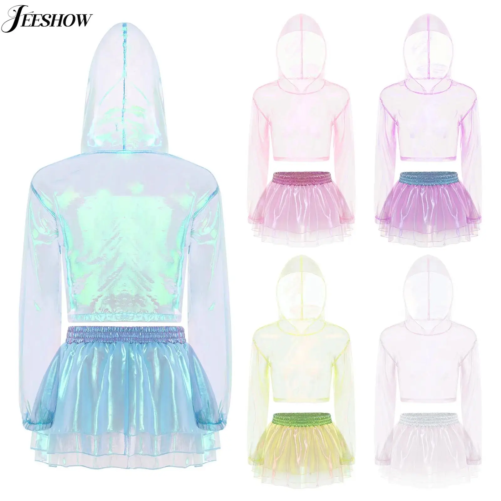 Womens Transparent Shiny Metallic Rave Outfits Long Sleeve Hooded Crop Top with Tiered Ruffled Mini Skirt for Night Club Party