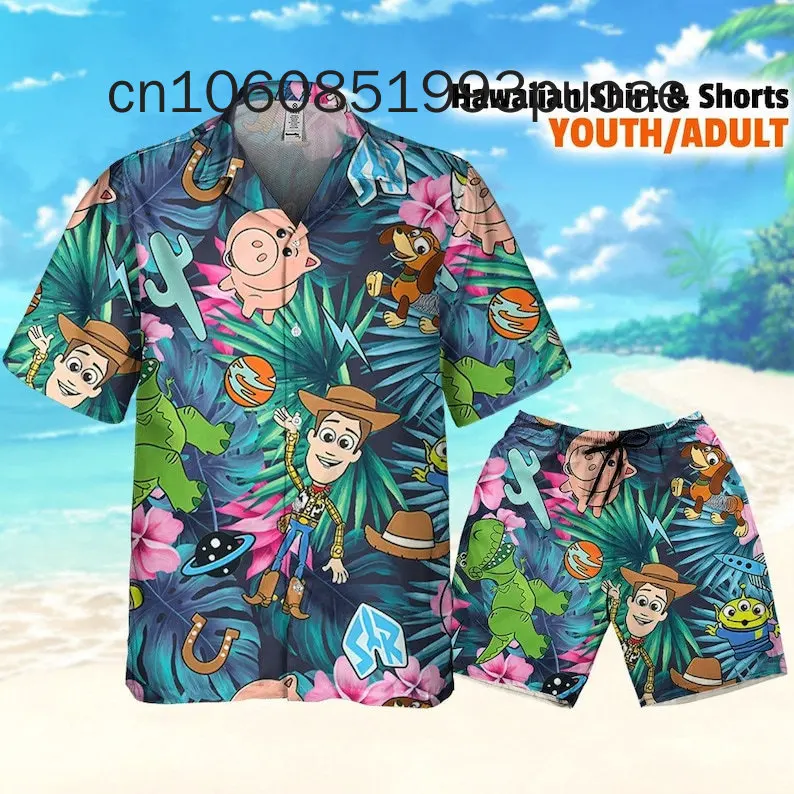 2024 New Disney Toy Story Cute Seamless Icons Summer Beach Hawaii Shirt Aloha Shorts Disney Hawaiian Shirt And Short Sets