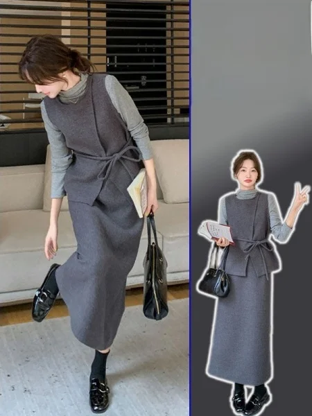 

plus Size Woolen Vest Skirt Set Spring New Light Maturity Elegant Two Piece Set High Waist Knot Casual Workwear