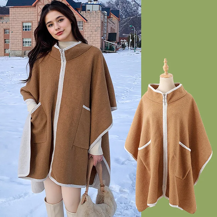 Sciarpa da donna con poncho in finto cashmere di fascia alta Mantello da donna Autunno Inverno Nuovo stile Mantello versatile ed elegante con risvolto con cerniera