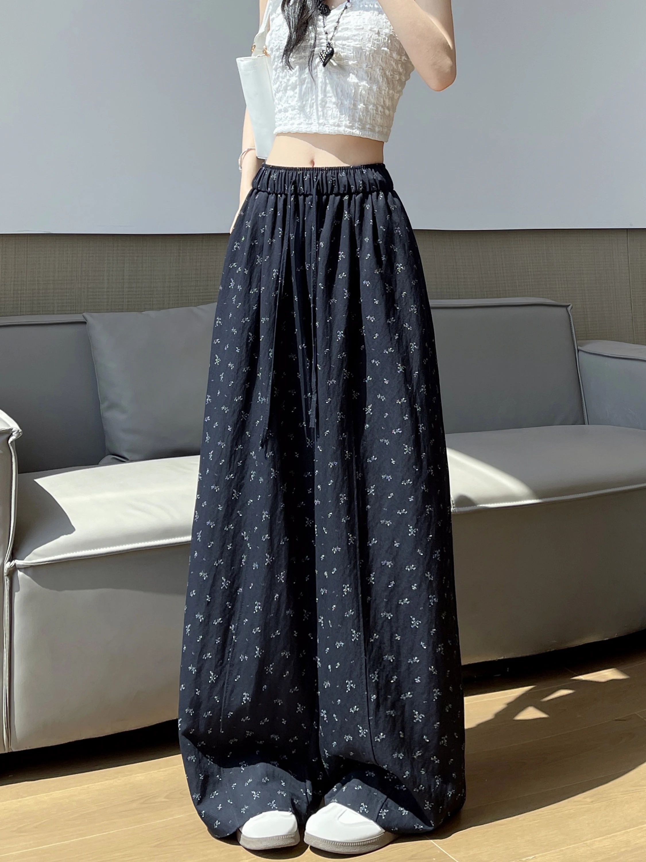 

Retro Floral Wide Leg Pants Women Summer Thin Ice Silk Sembach Loose Slimming Lazy Drape Casual Pants High Waist Korean Style