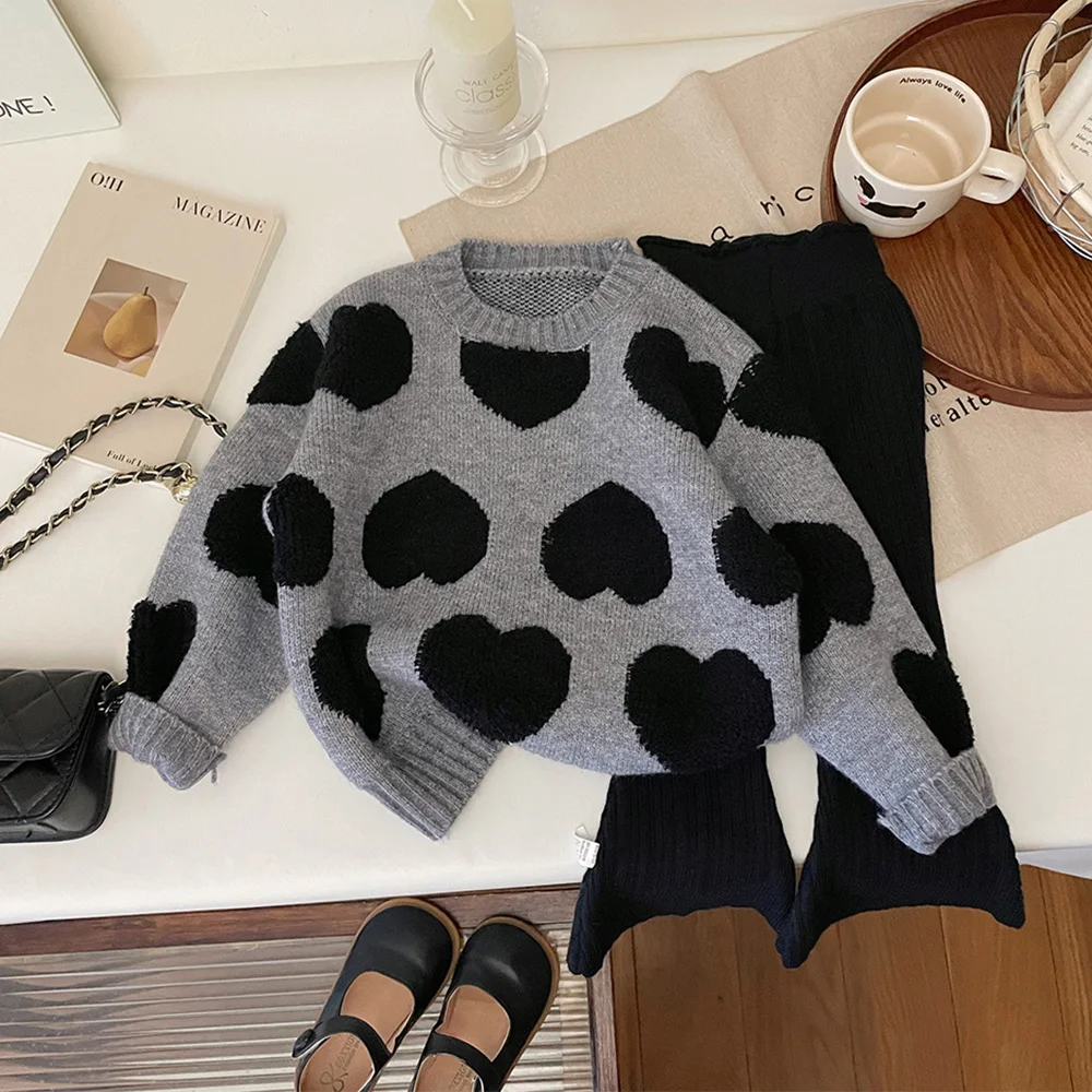 2PCS Girls' Gray Sweater Set 2026 New Winter Thickened Knitwear for Little Girls Fashion Warm Children's Flare Pants Long Sleeve