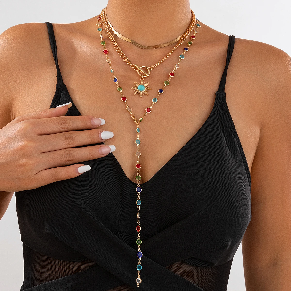 

Sunflower Colored Crystal Necklace Set, European and American Sexy and Fashionable Long Deep V Collarbone Chain with Accessories