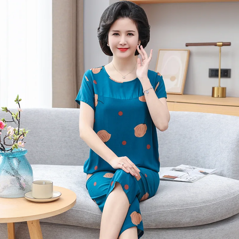 Middle-Aged and Elderly Cotton Pajamas Loungewear Set Women\'s New Summer Thin Casual Women\'s Loungewear Can Be Worn Outside