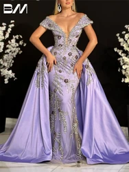 Lilac Satin Luxury Prom Dress With Detachable Train Beaded Appliqued Evening Dress Off-The-Shoulder Cocktail Dresses Customized