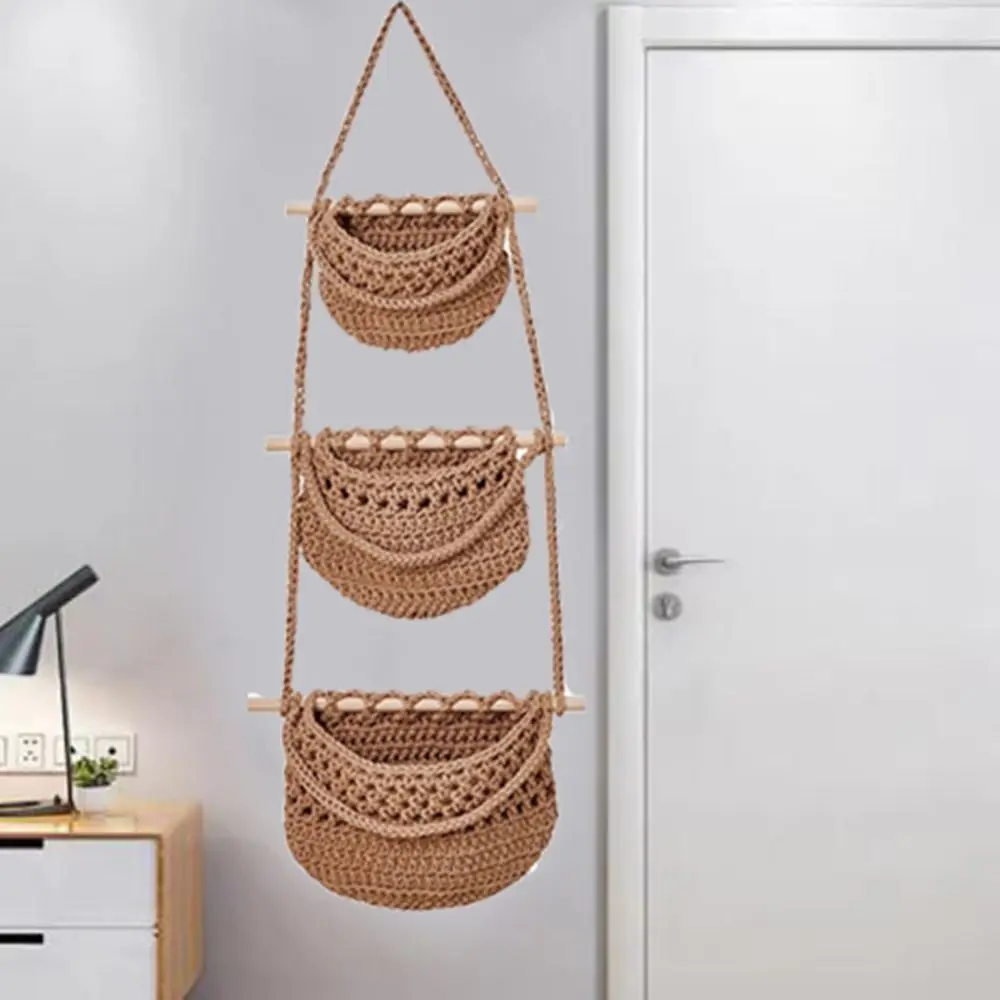 Multifunctional Cotton Rope Hanging Fruit Baskets Simple Stylish 3 Tier Storage Bag Handmade Fruit Net Pocket Closet