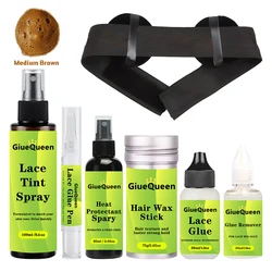 Kit de instalación de pelucas de 8 piezas, pegamento de tinte en aerosol, pluma protectora de calor, barra de cera para el cabello, pegamento de encaje frontal impermeable