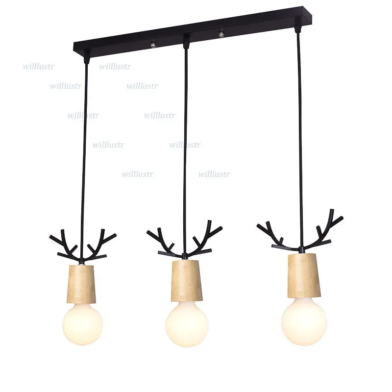 Iron Antler Wood LED Pendant Lamp Cafe Bar Bakery Kitchen Canteen Deer Head Art Deco Ceiling Chandelier Suspension Hanging Light