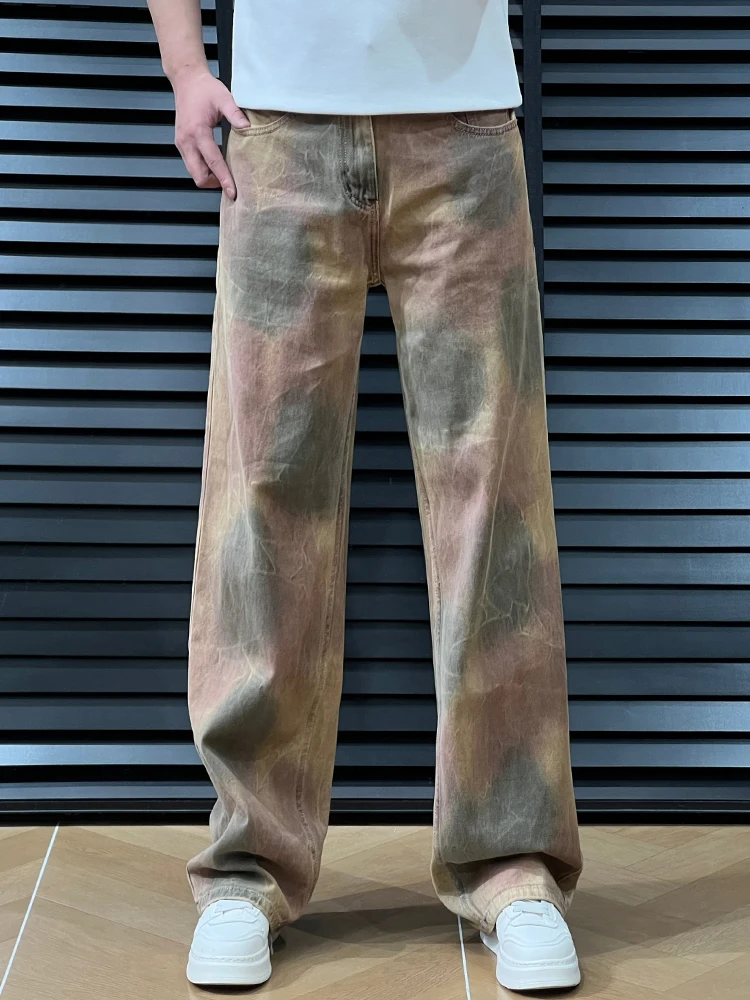 

Retro Tie Dye Distressed Jeans Men's Spring Trend Design American Straight Loose Long Pants Casual Fashion Cotton Jeans