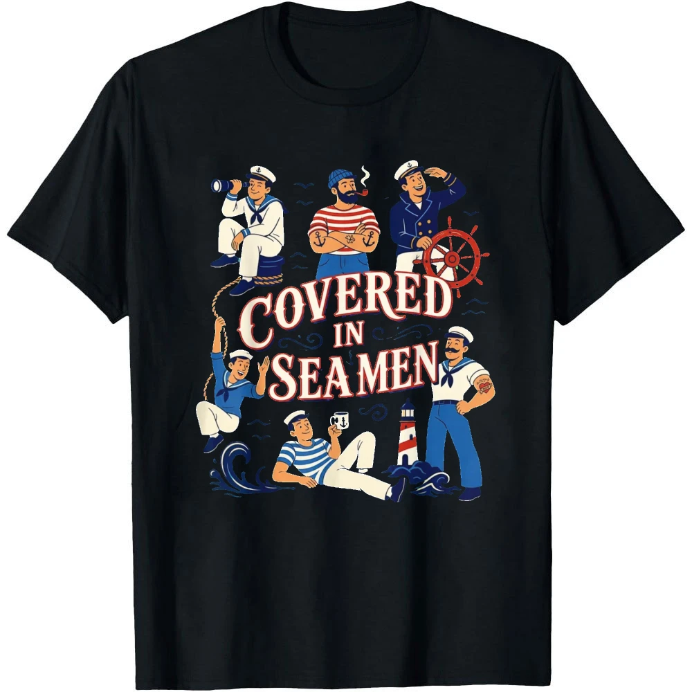 COVERED IN SEAMEN Sailor Cartoon Graphic Print Men T Shirt Retro Style Fashion Casual Daily Male Summer Tee Apparel for Outdoor
