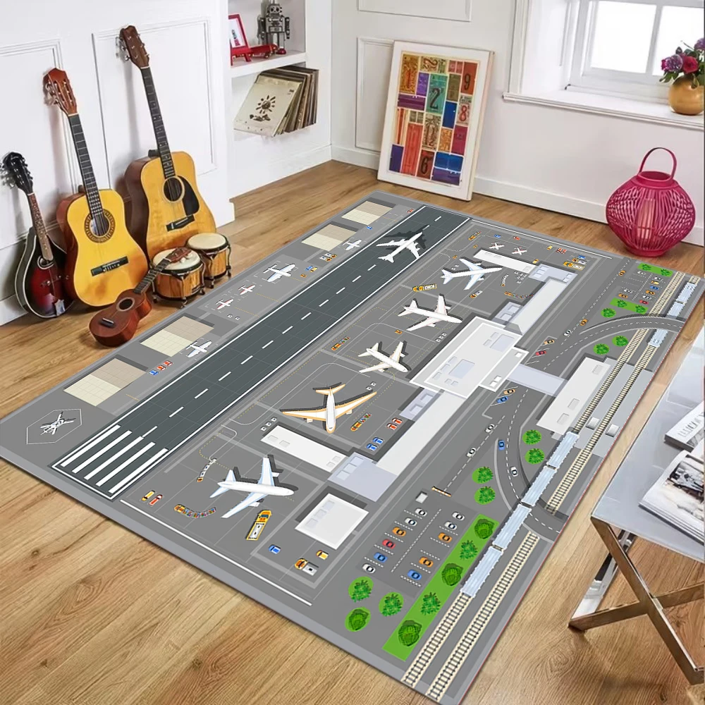 Airport Theme Kids Play Rug Living Room Bedroom Carpet Interactive Aircraft Pattern Soft Durable Home Decor Educational Styles