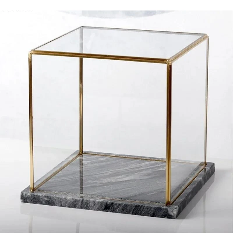 

Transparent Glass Cover Marble Tray Base Display Box Dust Shelves Decorative Storage