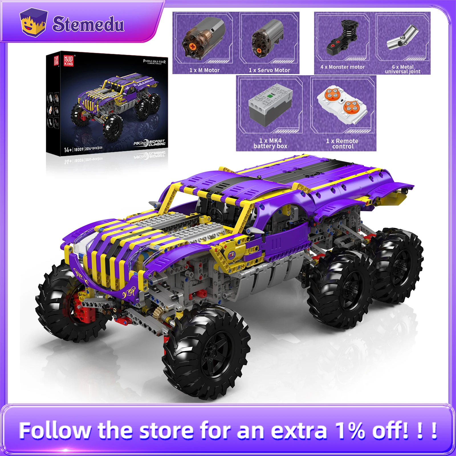 

Mould King 18009 Purple Tiger Climbing Car Electric Building Blocks Set APP Remote Control Power Buggy Motor Kid Adult Toy Gift