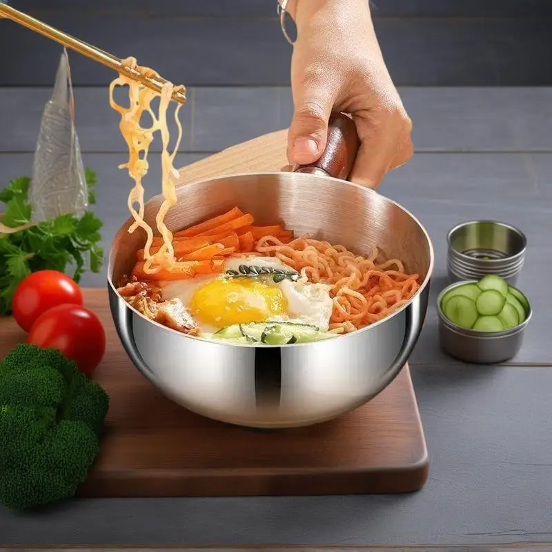 Stainless Steel Instant Noodle Bowl Wooden Handle Anti-Scald Anti-Drop Heat-Resistant Household Bowl