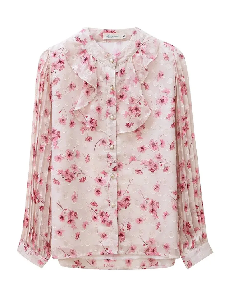 Blusa De gasa con estampado para Mujer, camisa De manga larga con volantes, a la Moda, F391, 2024